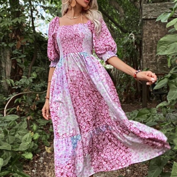 Boho floral print puff sleeve ruffle hem maxi dress - Picture 5 of 5